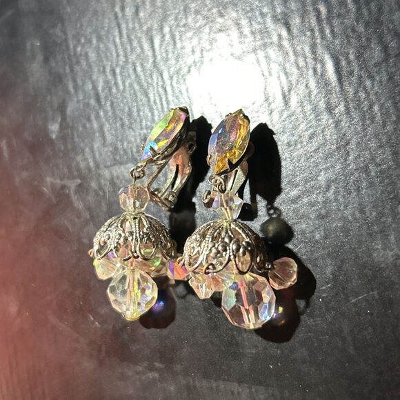 Vintage Lewis Segal 1-1/2” Chandelier Dangle Earrings Clip On Aurora Borealis AB - Picture 3 of 7